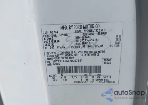 2004 Ford F-150 Fx4/Lariat/Xl/Xlt z USA, uszkodzony, nr VIN 1FTPX14564NC67951